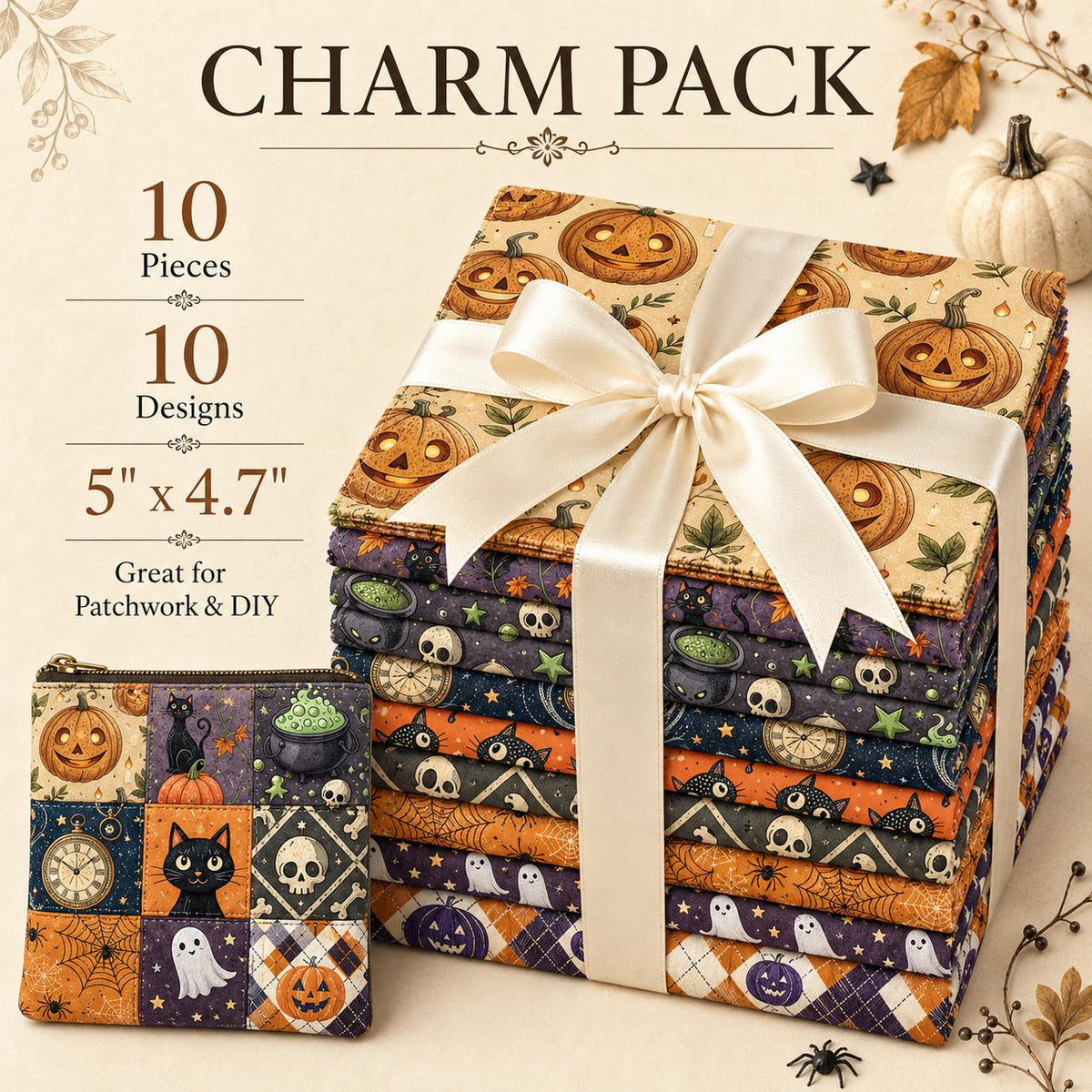 10pcs Charm Pack Set Bat Pumpkin Skull Cat Halloween Vintage Style Pattern Handmade DIY with Rich Color and Texture Elements 100% Polyester Patchwork in 10 Design Styles Suitable for Patchwork DIY Craft Projects DIY Wallet Making Gift Giving Bag Making