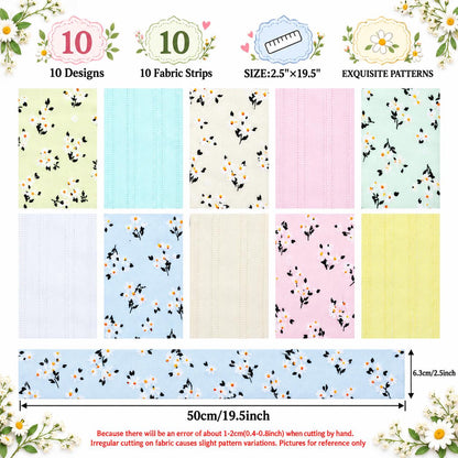 10pcs Vintage Floral Pattern Jelly Roll Fabric Strips 2.5X19.7inch Pre-Cut 100% PolyesterFor Patchwork Quilts, Table Runners, Placemats, Tote Bags, Storage Pouches, Makeup Bags, Coasters, Quilt Blocks & Binding