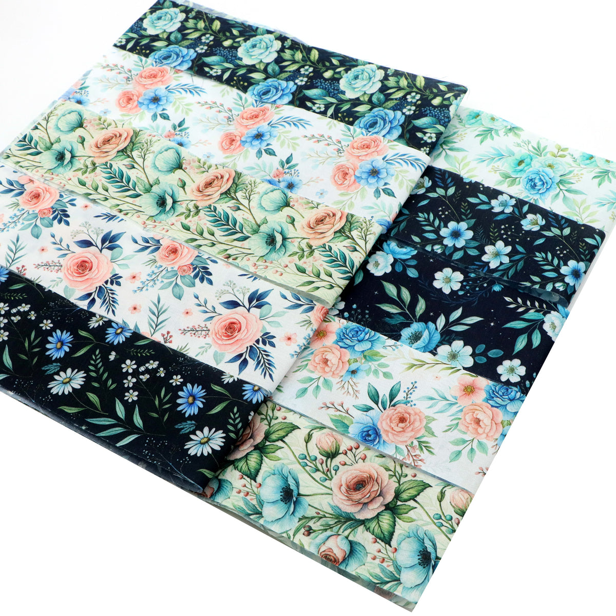 10pcs Vintage Blue Floral Pattern Jelly Roll Fabric Strips 2.5X19.7inch Pre-Cut 100% Polyester For Patchwork Quilts, Table Runners, Placemats, Tote Bags, Storage Pouches, Makeup Bags, Coasters, Quilt Blocks & Binding