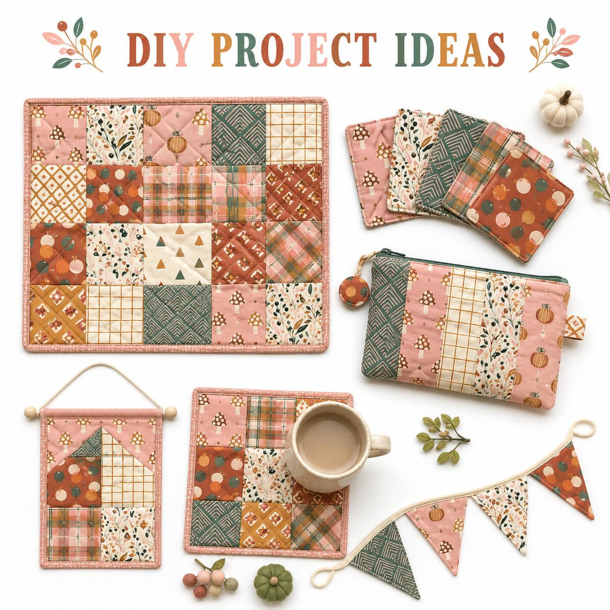 10pcs Charm Pack Set Mushroom Pumpkin Pattern Vintage Style Handmade DIY with Rich Color and Texture Elements 100% Polyester Patchwork in 10 Design Styles Suitable for Patchwork DIY Craft Projects DIY Wallet Making Gift Giving Bag Making Mother's Day Gift