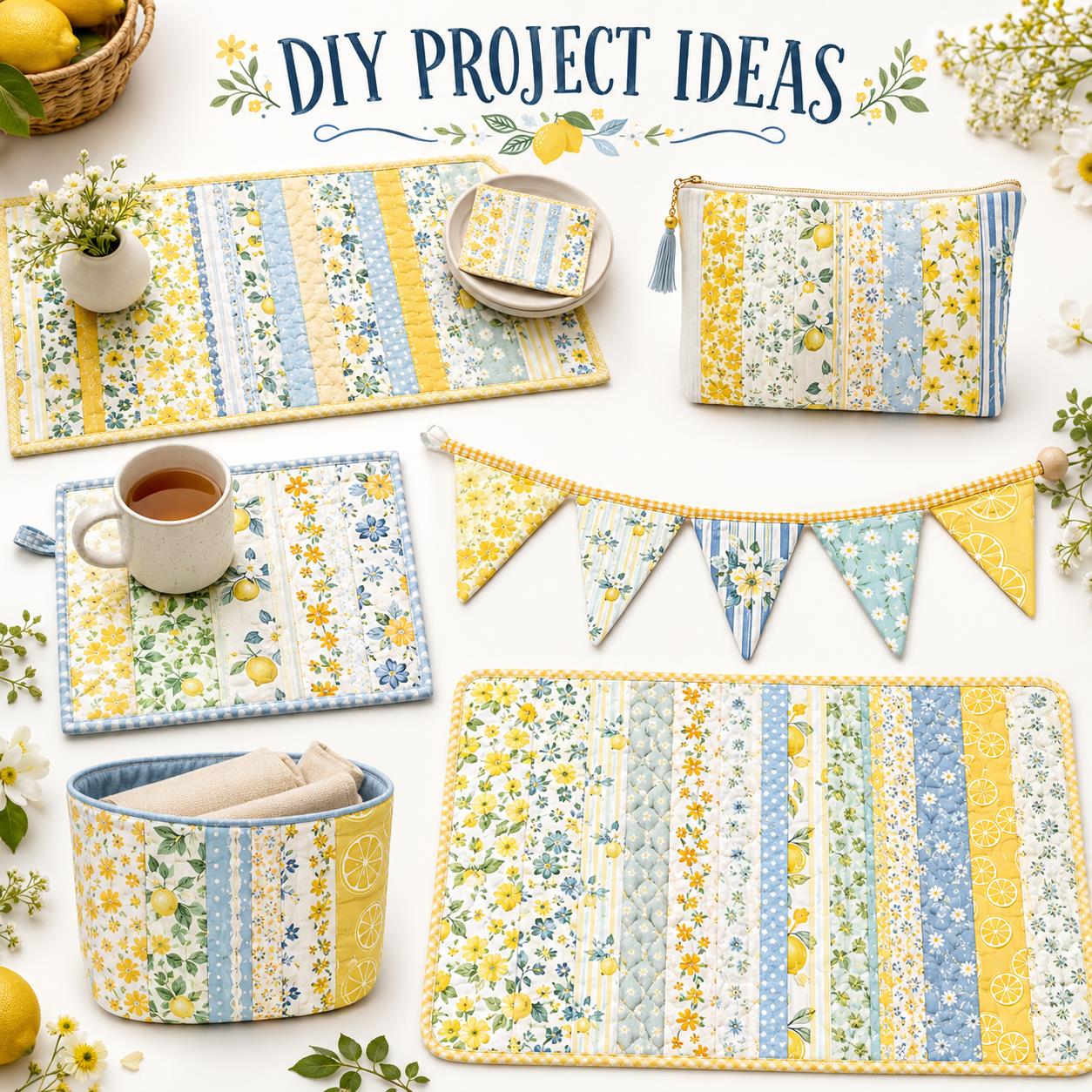 10Pc/Set, Making 10 Images 1pc Each, Each Size: 6.3*50cm Floral Plaid Lemon Series Sliced Fabric Set Style Combination, Polyester Jelly Roll Fabric Strips, Pre-Cut Quilting Squares, For Quilting DIY, Handicrafts And Sewing, Blankets, Rugs