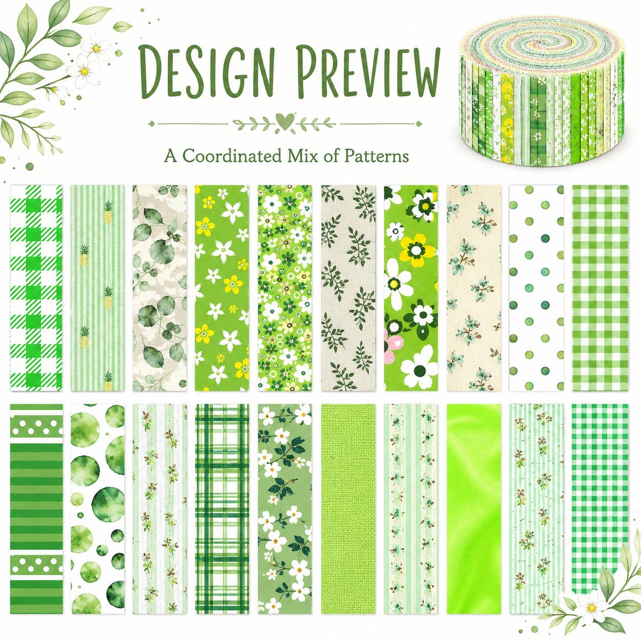 20pcs Vintage Plaid Dot Floral Green Series Jelly Roll Fabric Strips 2.5X19.7inch Delicate Printed Multi-Color 100% Polyester for DIY Handmade Patchwork, Table Runners, Placemats, Tote Bags, Storage Pouches, Makeup Bags, Coasters, Quilt Blocks