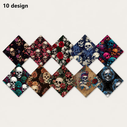10pcs Charm Pack Set Skull Black Halloween Vintage Style Pattern Handmade DIY with Rich Color and Texture Elements 100% Polyester Patchwork in 10 Design Styles Suitable for Patchwork DIY Craft Projects DIY Wallet Making Gift Giving Bag Making Mother's Day