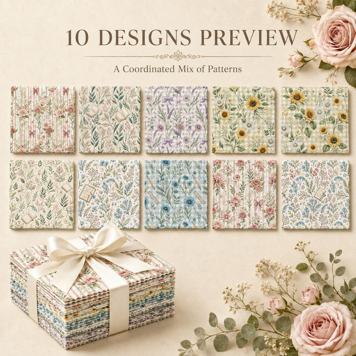10pcs Charm Pack Set Floral Pattern 100% Polyester Patchwork in 10 Design Styles, Ready-to-Sew Without Cutting, Suitable For Patchwork Wallet Making Gift Giving Tote Bags Coasters DIY Craft Projects