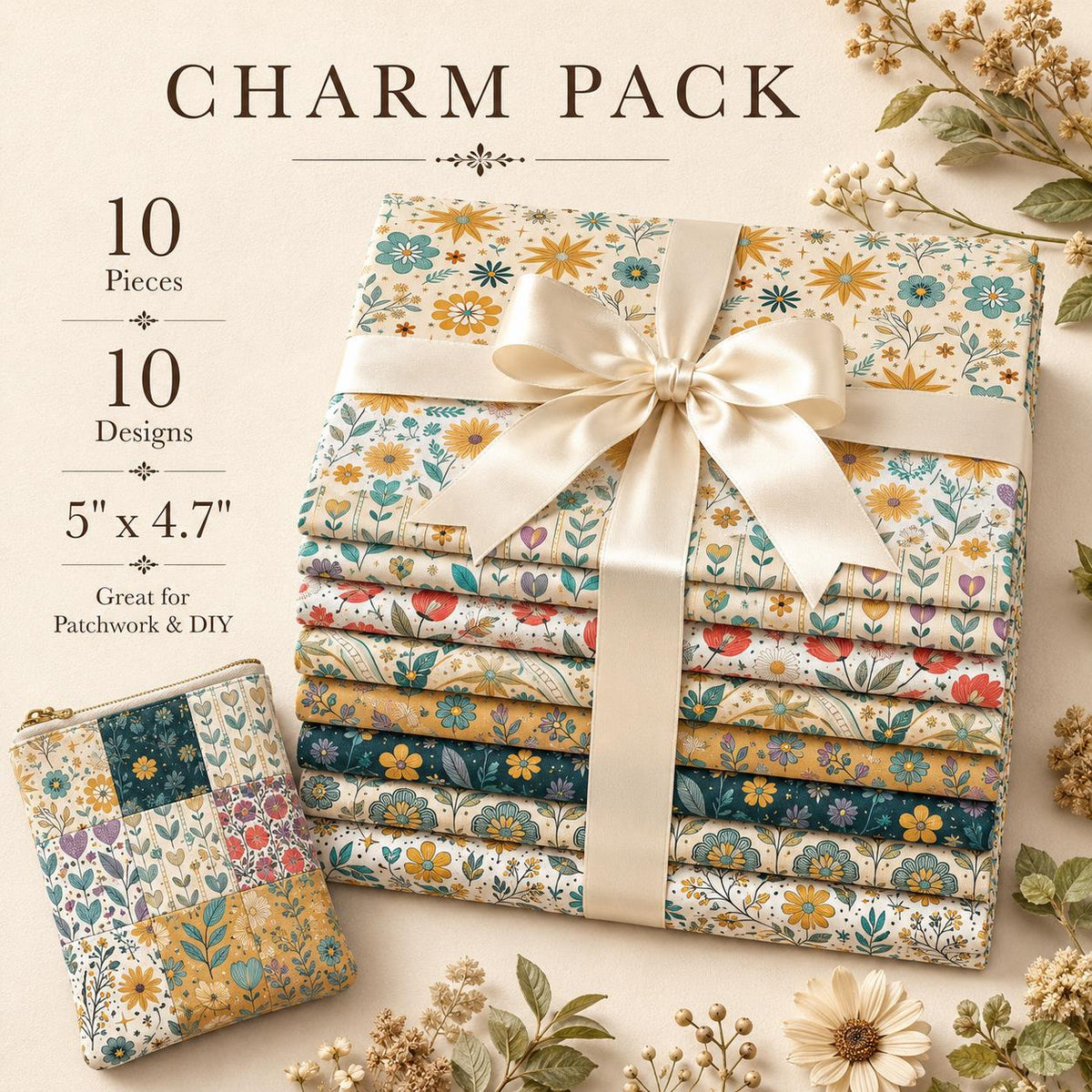 10pcs Charm Pack Set Floral Bird Vintage Style Pattern Handmade DIY with Rich Color and Texture Elements 100% Polyester Patchwork in 10 Design Styles Suitable for Patchwork DIY Craft Projects DIY Wallet Making Gift Giving Bag Making Mother's Day Gift