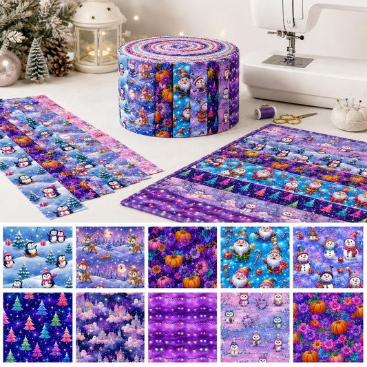 10pcs Vintage Penguin Colorful Christmas Theme Jelly Roll Fabric Strips 2.5X19.7inch Pre-Cut 100% Polyester For Patchwork Quilts, Table Runners, Placemats, Tote Bags, Storage Pouches, Makeup Bags, Coasters, Quilt Blocks & Binding