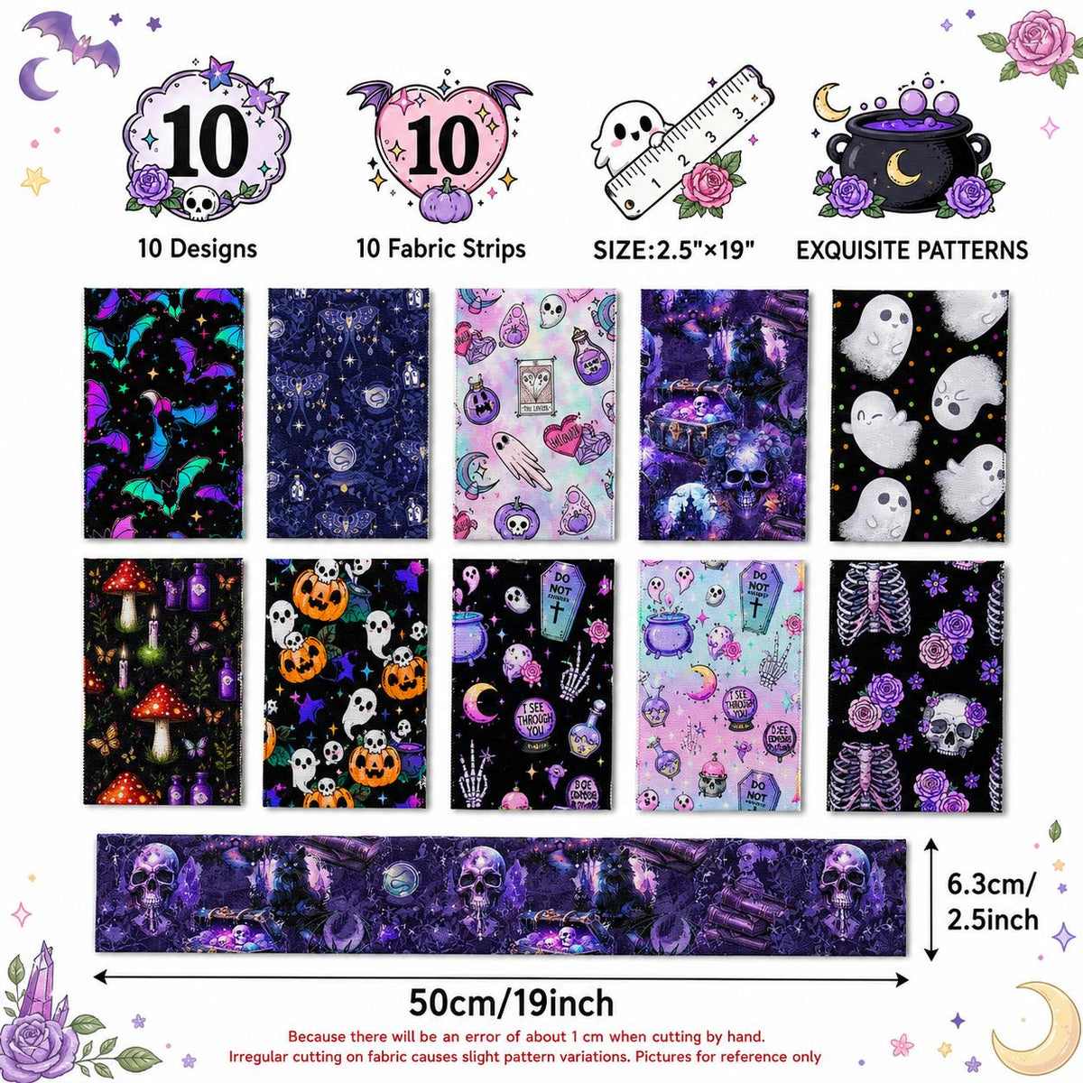 10Pc/Set, Making 10 Images 1pc Each, Each Size: 6.3*50cm Black Candy Skull Pumpkin Bat Ghost Halloween Series Sliced Fabric Set Style Combination, Polyester Jelly Roll Fabric Strips, Pre-Cut Quilting Squares, For Quilting DIY, Handicrafts And Sewing, Blan