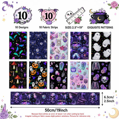 10Pc/Set, Making 10 Images 1pc Each, Each Size: 6.3*50cm Black Candy Skull Pumpkin Bat Ghost Halloween Series Sliced Fabric Set Style Combination, Polyester Jelly Roll Fabric Strips, Pre-Cut Quilting Squares, For Quilting DIY, Handicrafts And Sewing, Blan