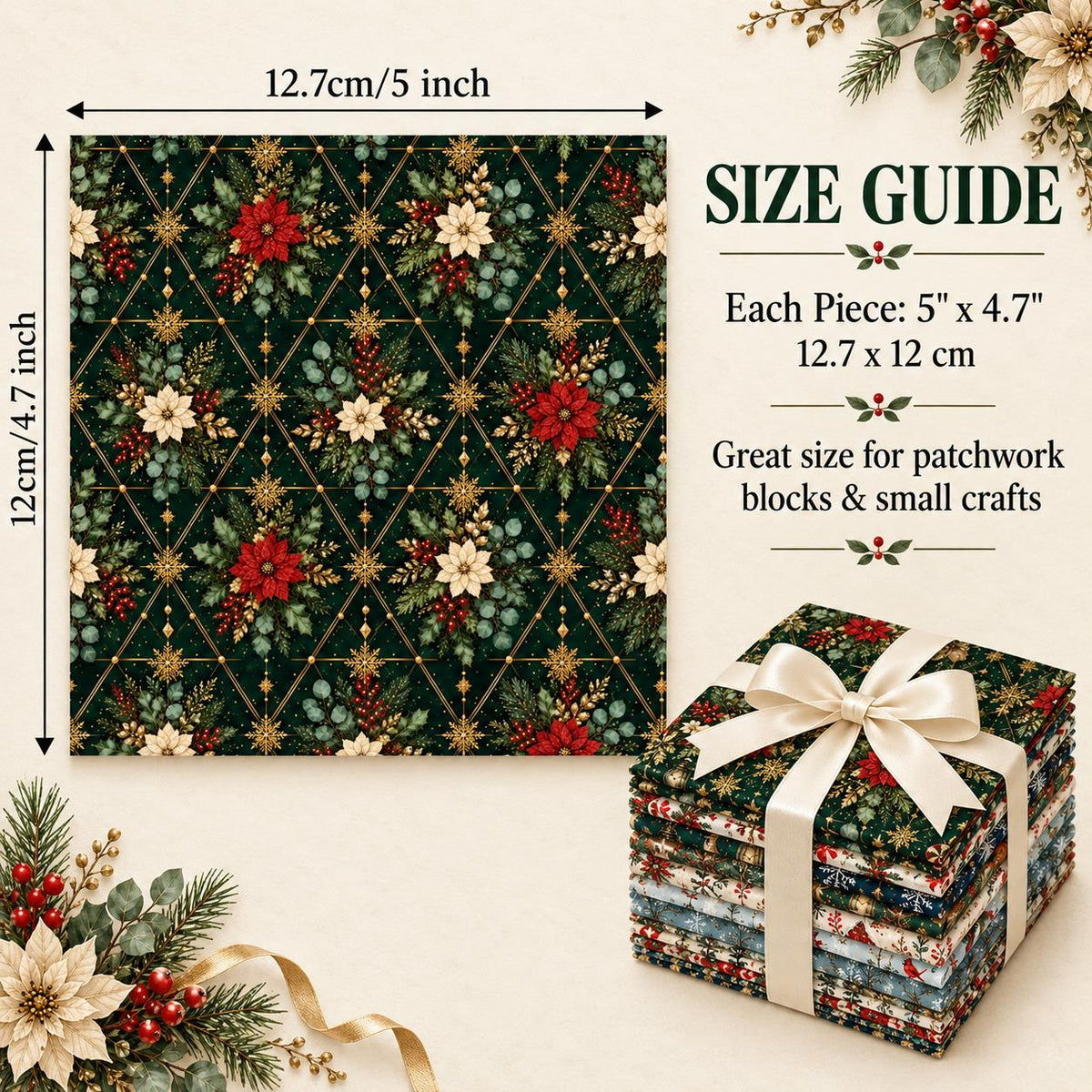 10Pc/Set Christmas Series Bowknot Flower Rabbit Northern Cardinal Deer Holly Pinecones Fox Fat Quarter Fabric, Pre-Cut Square Fabric Assort, Fabric Set, Craft Fabric, Handmade DIY Patchwork Fabric,Home Quilting Sewing Fabric, Packaging Fabric, Scrapbookin