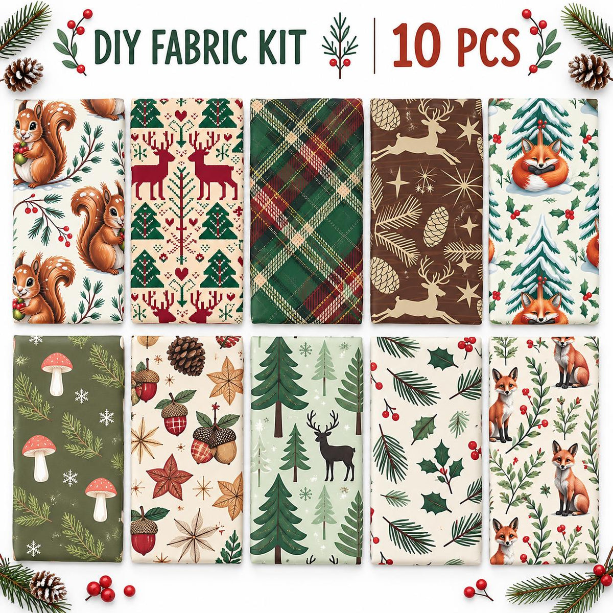 10Pc/Set Christmas Series Star Deer Fox Squirrel Holly Pinecones Fat Quarter Fabric, Pre-Cut Square Fabric Assort, Fabric Set, Craft Fabric, Handmade DIY Patchwork Fabric,Home Quilting Sewing Fabric, Packaging Fabric, Scrapbooking Craft Hobbyist