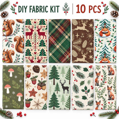 10Pc/Set Christmas Series Star Deer Fox Squirrel Holly Pinecones Fat Quarter Fabric, Pre-Cut Square Fabric Assort, Fabric Set, Craft Fabric, Handmade DIY Patchwork Fabric,Home Quilting Sewing Fabric, Packaging Fabric, Scrapbooking Craft Hobbyist