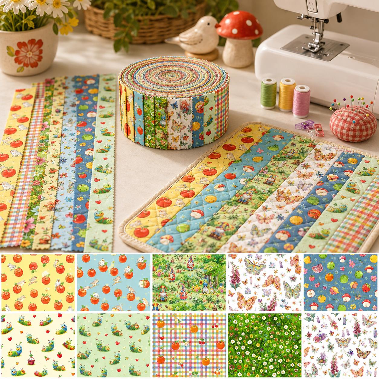 10Pc/Set, Making 10 Images 1pc Each, Each Size: 6.3*50cm Floral Apple Caterpillar Series Sliced Fabric Set Style Combination, Polyester Jelly Roll Fabric Strips, Pre-Cut Quilting Squares, For Quilting DIY, Handicrafts And Sewing, Blankets, Rugs