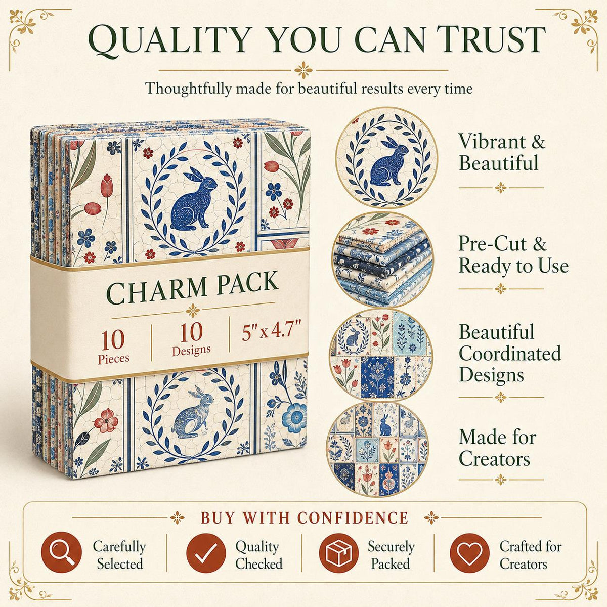 10pcs Charm Pack Set Floral Rabbit Vintage Style Pattern Handmade DIY with Rich Color and Texture Elements 100% Polyester Patchwork in 10 Design Styles Suitable for Patchwork DIY Craft Projects DIY Wallet Making Gift Giving Bag Making Mother's Day Gift