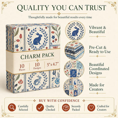 10pcs Charm Pack Set Floral Rabbit Vintage Style Pattern Handmade DIY with Rich Color and Texture Elements 100% Polyester Patchwork in 10 Design Styles Suitable for Patchwork DIY Craft Projects DIY Wallet Making Gift Giving Bag Making Mother's Day Gift