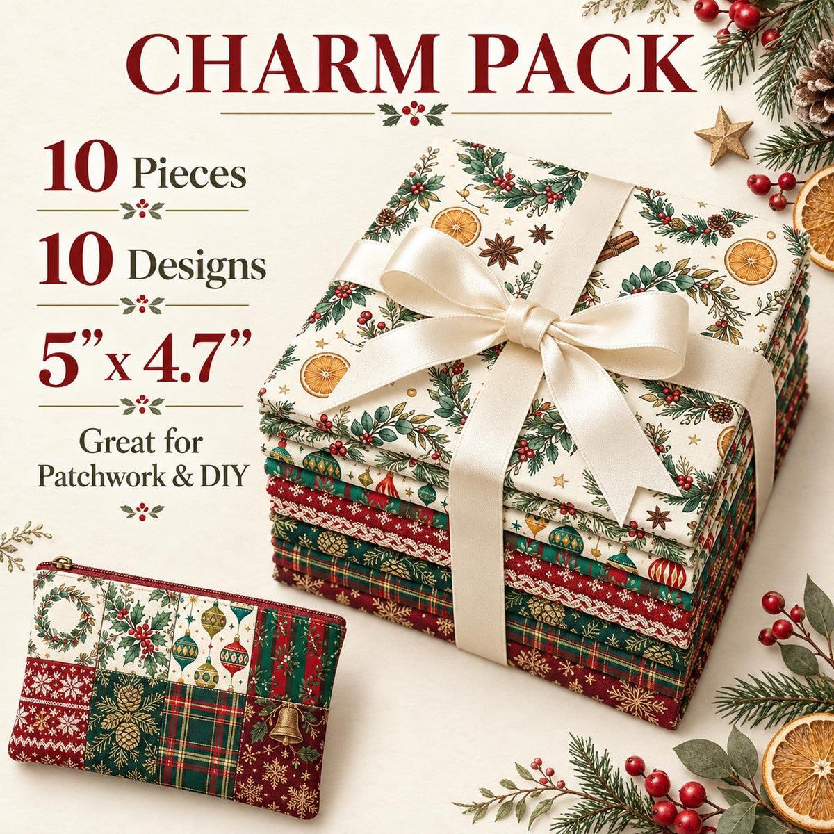 10Pc/Set Christmas Series Stripe Bowknot Wreath Flower Star Plaid Holly Pinecones Fat Quarter Fabric, Pre-Cut Square Fabric Assort, Fabric Set, Craft Fabric, Handmade DIY Patchwork Fabric,Home Quilting Sewing Fabric, Packaging Fabric, Scrapbooking Craft H