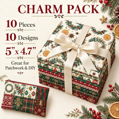 10Pc/Set Christmas Series Stripe Bowknot Wreath Flower Star Plaid Holly Pinecones Fat Quarter Fabric, Pre-Cut Square Fabric Assort, Fabric Set, Craft Fabric, Handmade DIY Patchwork Fabric,Home Quilting Sewing Fabric, Packaging Fabric, Scrapbooking Craft H