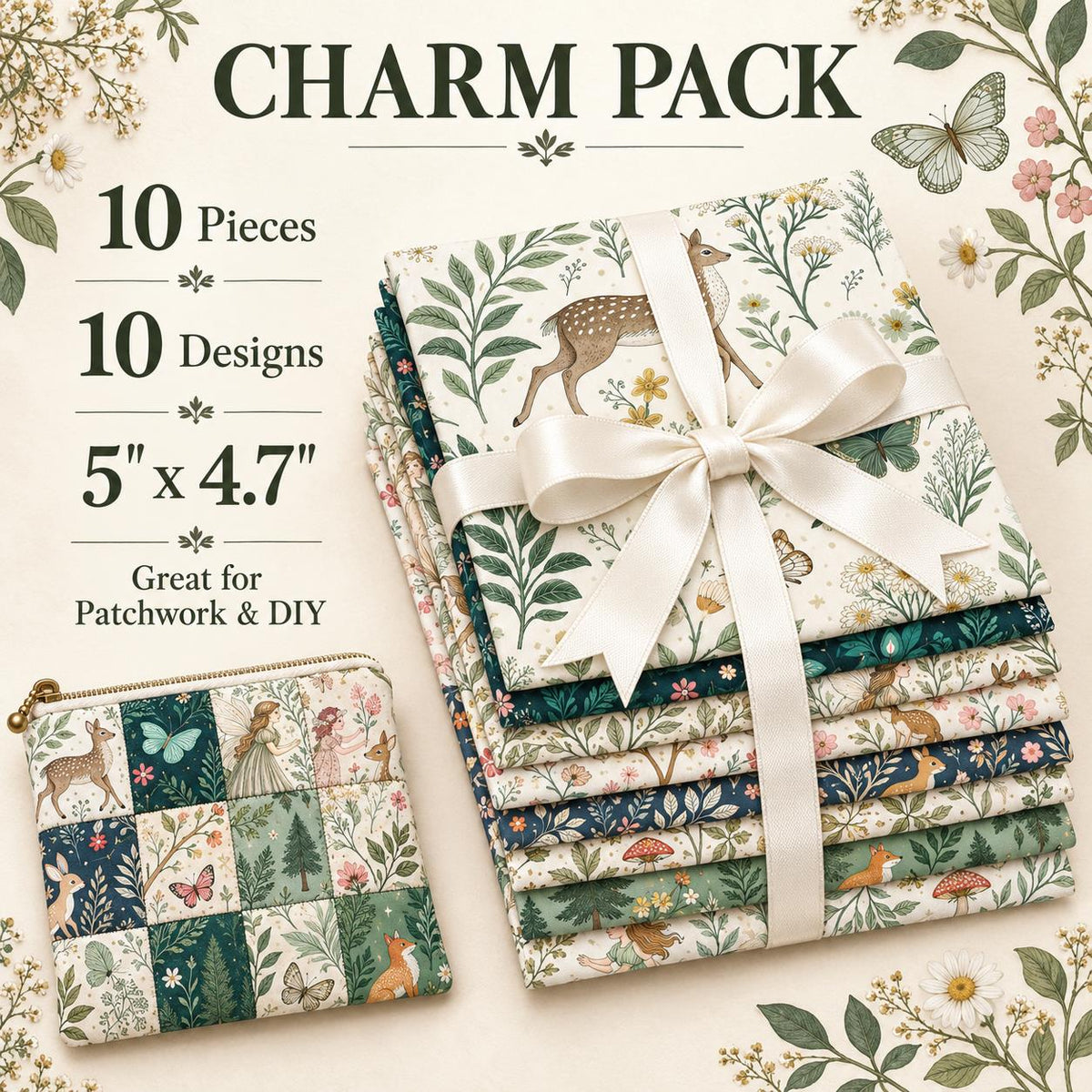 10Pc/Set Flower Butterfly Series Deer Mushroom Fox Fat Quarter Fabric, Pre-Cut Square Fabric Assort, Fabric Set, Craft Fabric, Handmade DIY Patchwork Fabric,Home Quilting Sewing Fabric, Packaging Fabric, Scrapbooking Craft Hobbyist