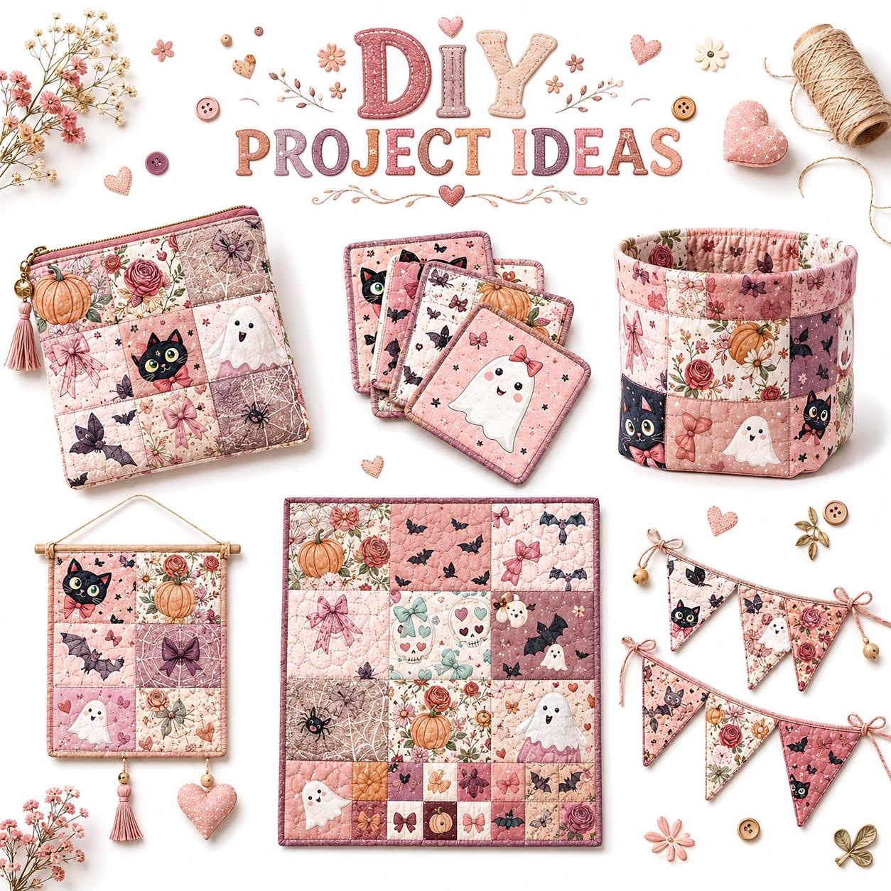 10pcs Charm Pack Set  Bat Ghost Halloween Vintage Style Pattern Handmade DIY with Rich Color and Texture Elements 100% Polyester Patchwork in 10 Design Styles Suitable for Patchwork DIY Craft Projects DIY Wallet Making Gift Giving Bag Making