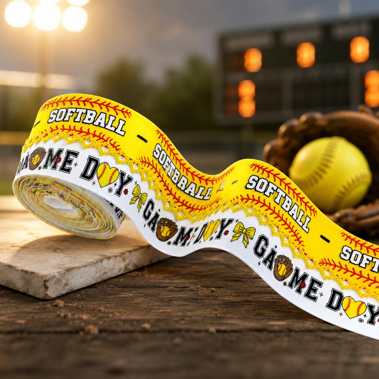 5 Yards Sport Series Ribbon Adorned with Softball Pattern, Width 32mm/1.26-Inch, Two Ribbon Equipped with White Yellow Center Hook Edge, Ideal for Showcasing Jewelry And Wrapping Gifts, Creating Bows, Holiday Decorations