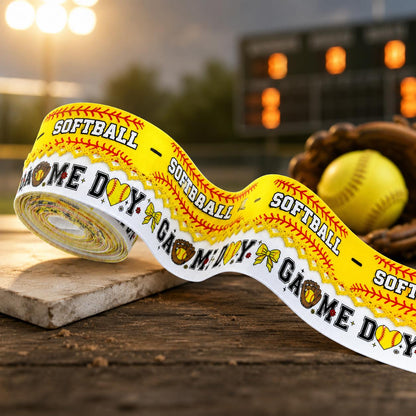 5 Yards Sport Series Ribbon Adorned with Softball Pattern, Width 32mm/1.26-Inch, Two Ribbon Equipped with White Yellow Center Hook Edge, Ideal for Showcasing Jewelry And Wrapping Gifts, Creating Bows, Holiday Decorations