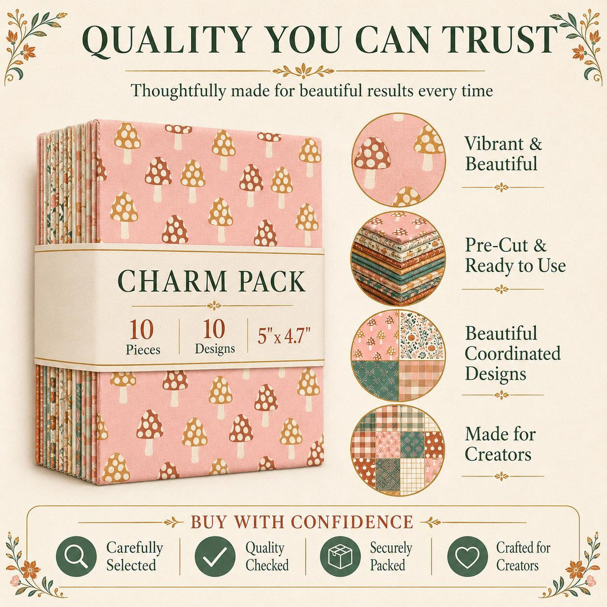 10pcs Charm Pack Set Mushroom Pumpkin Pattern Vintage Style Handmade DIY with Rich Color and Texture Elements 100% Polyester Patchwork in 10 Design Styles Suitable for Patchwork DIY Craft Projects DIY Wallet Making Gift Giving Bag Making Mother's Day Gift
