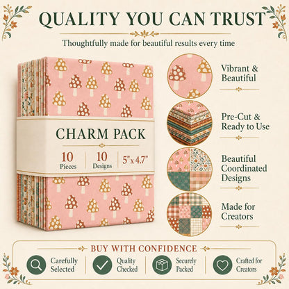 10pcs Charm Pack Set Mushroom Pumpkin Pattern Vintage Style Handmade DIY with Rich Color and Texture Elements 100% Polyester Patchwork in 10 Design Styles Suitable for Patchwork DIY Craft Projects DIY Wallet Making Gift Giving Bag Making Mother's Day Gift