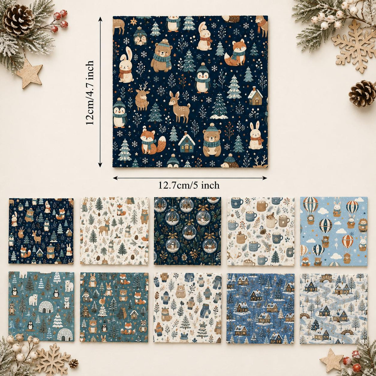 10Pc/Set Christmas Series Heart Star Rabbit Deer Fox Penguin Bear Holly Pinecones Seal Fire Balloon Fat Quarter Fabric, Pre-Cut Square Fabric Assort, Fabric Set, Craft Fabric, Handmade DIY Patchwork Fabric,Home Quilting Sewing Fabric, Packaging Fabric, Sc