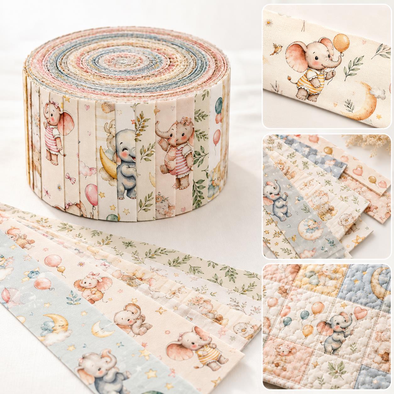 10pcs Vintage Elephant Pattern Jelly Roll Fabric Strips 2.5X19.7inch Pre-cut 100% Polyester for Patchwork Quilts, Table Runners, Placemats, Tote Bags, Storage Pouches, Makeup Bags, Coasters, Quilt Blocks & Binding