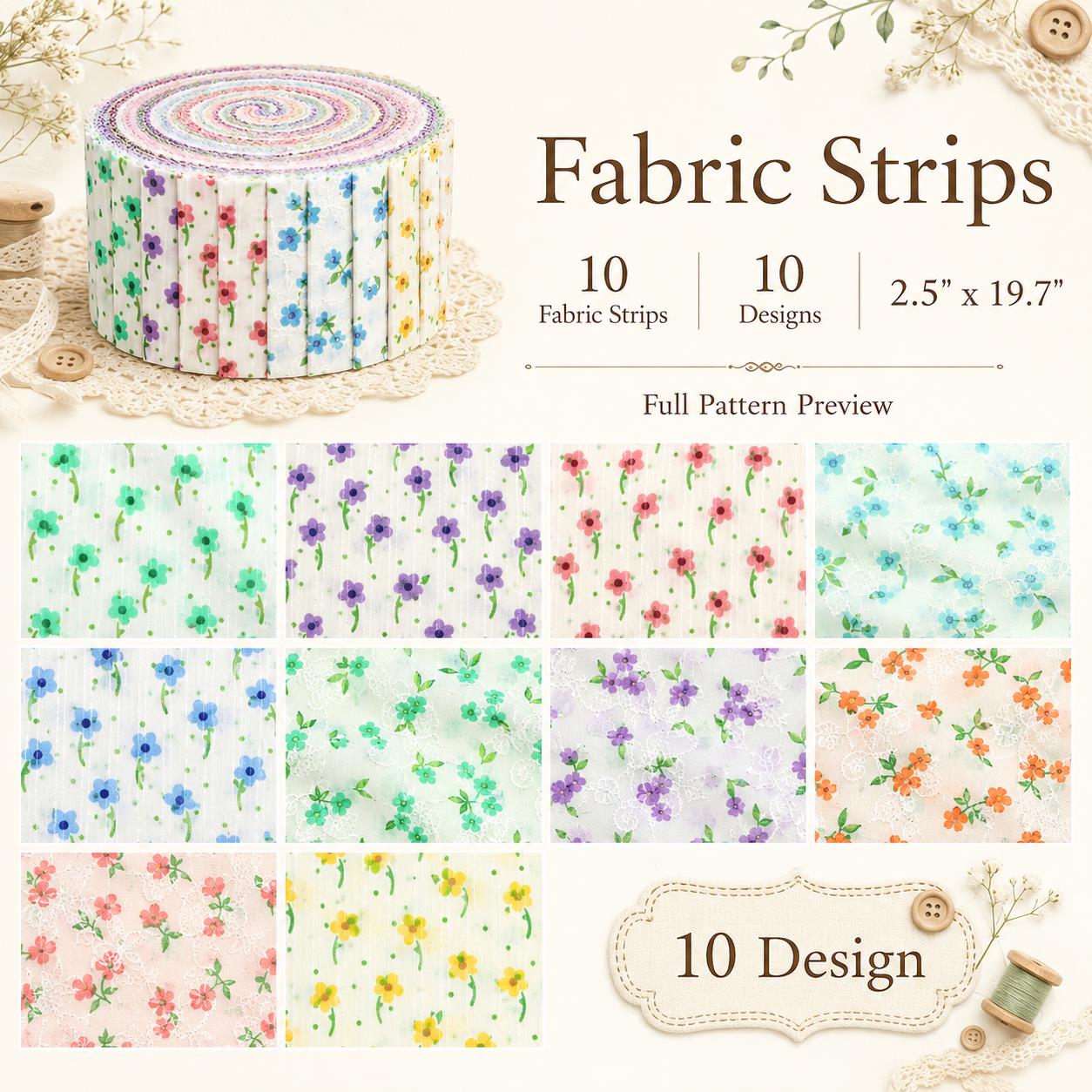 10Pc/Set, Making 10 Images 1pc Each, Each Size: 6.3*50cm Floral Chiffon Series Sliced Fabric Set Style Combination, Polyester Jelly Roll Fabric Strips, Pre-Cut Quilting Squares, For Quilting DIY, Handicrafts And Sewing, Blankets, Rugs