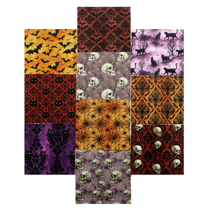 10Pc/Set Halloween Series Flower Skull Spider Web Bat Fat Quarter Fabric, Pre-Cut Square Fabric Assort, Fabric Set, Craft Fabric, Handmade DIY Patchwork Fabric,Home Quilting Sewing Fabric, Packaging Fabric, Scrapbooking Craft Hobbyist