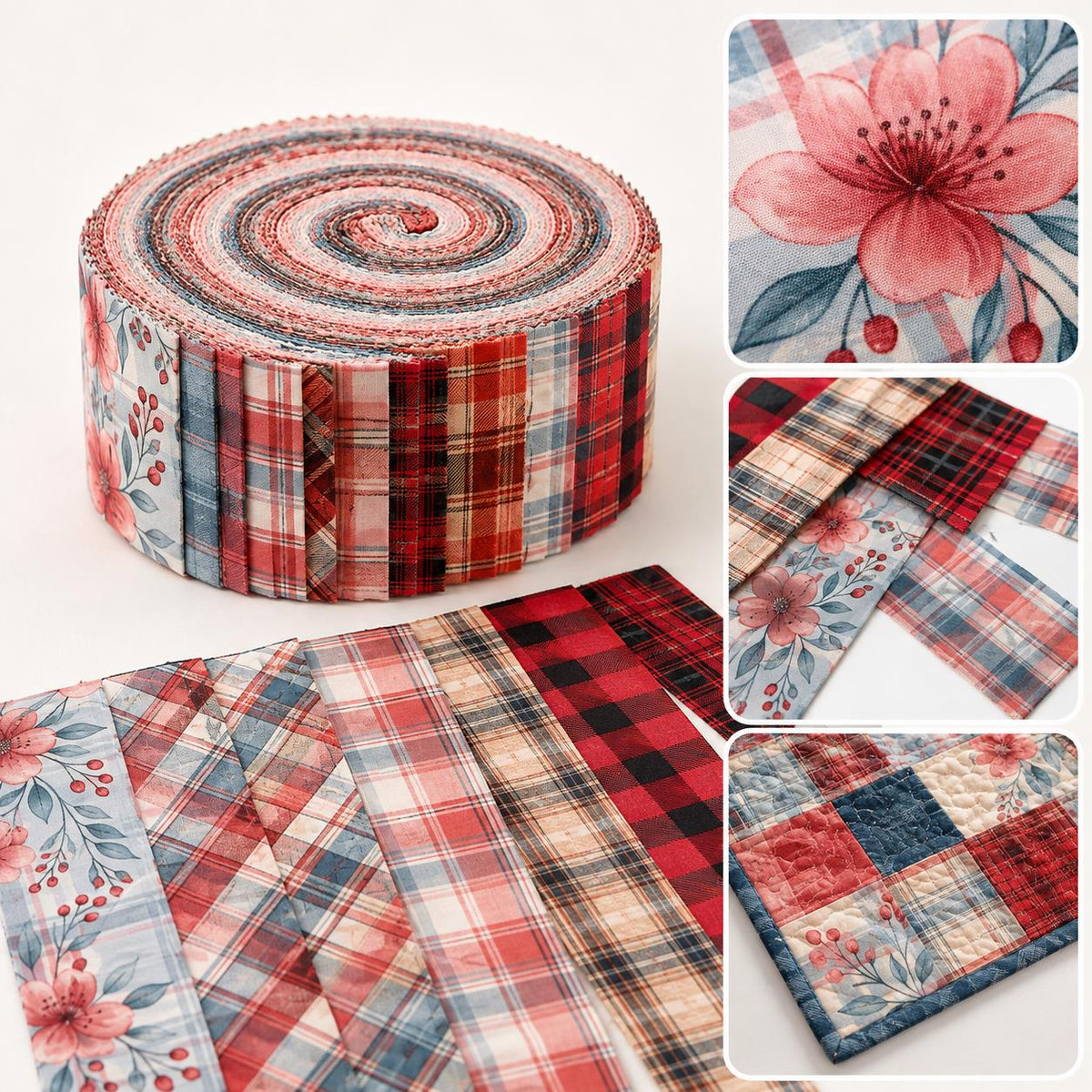 10pcs Vintage Plaid Red Floral Pattern Jelly Roll Fabric Strips 2.5X19.7inch Pre-Cut 100% Polyester For Patchwork Quilts, Table Runners, Placemats, Tote Bags, Storage Pouches, Makeup Bags, Coasters, Quilt Blocks & Binding