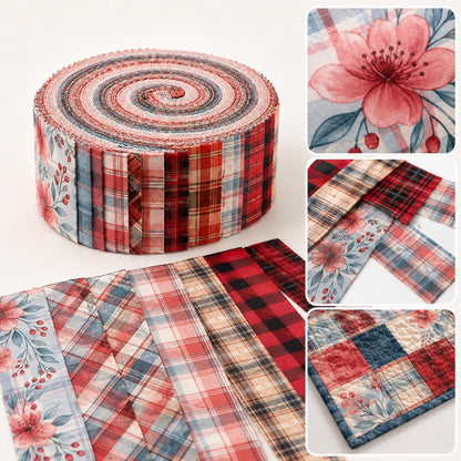 10pcs Vintage Plaid Red Floral Pattern Jelly Roll Fabric Strips 2.5X19.7inch Pre-Cut 100% Polyester For Patchwork Quilts, Table Runners, Placemats, Tote Bags, Storage Pouches, Makeup Bags, Coasters, Quilt Blocks & Binding