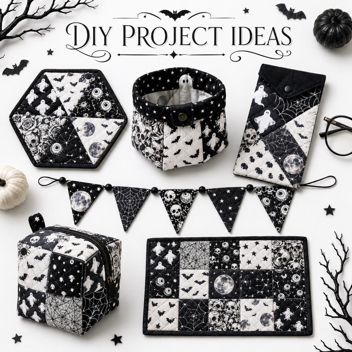 10Pc/Set Halloween Series Skull Moon Bat Fat Quarter Fabric, Pre-Cut Square Fabric Assort, Fabric Set, Craft Fabric, Handmade DIY Patchwork Fabric,Home Quilting Sewing Fabric, Packaging Fabric, Scrapbooking Craft Hobbyist