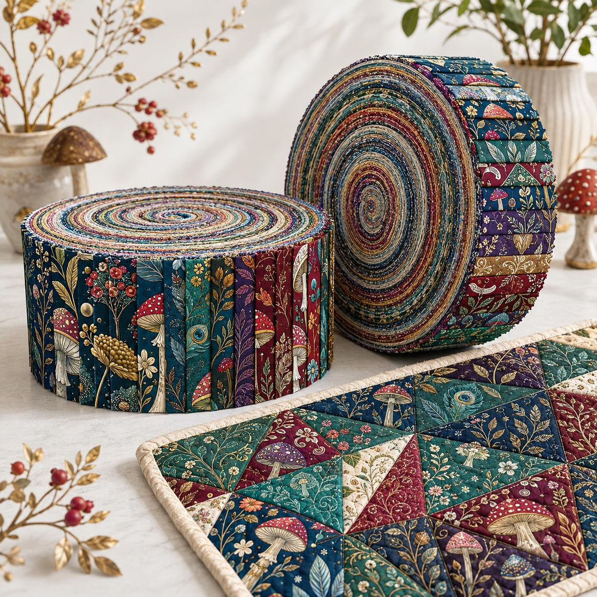 10pcs Vintage Mushroom Floral Pattern Jelly Roll Fabric Strips 2.5X19.7inch Pre-Cut 100% Polyester For Patchwork Quilts, Table Runners, Placemats, Tote Bags, Storage Pouches, Makeup Bags, Coasters, Quilt Blocks & Binding