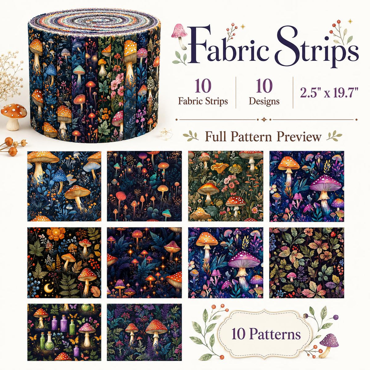 10pcs Vintage Mushroom Dark Pattern Jelly Roll Fabric Strips 2.5X19.7inch Pre-Cut 100% Polyester For Patchwork Quilts, Table Runners, Placemats, Tote Bags, Storage Pouches, Makeup Bags, Coasters, Quilt Blocks & Binding