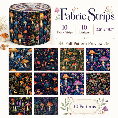10pcs Vintage Mushroom Dark Pattern Jelly Roll Fabric Strips 2.5X19.7inch Pre-Cut 100% Polyester For Patchwork Quilts, Table Runners, Placemats, Tote Bags, Storage Pouches, Makeup Bags, Coasters, Quilt Blocks & Binding