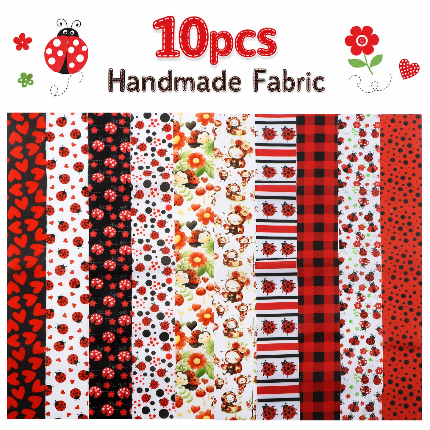 10Pc/Set, Making 10 Images 1pc Each, Each Size: 6.3*50cm Spring Heart Ladybug Red Series Sliced Fabric Set Style Combination, Polyester Jelly Roll Fabric Strips, Pre-Cut Quilting Squares, For Quilting DIY, Handicrafts And Sewing, Blankets, Rugs