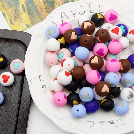 5Pcs 15mm Festive Silicone Beads Love Heart Pattern Round Shaped Focal Beads Loose Spacer Beads for DIY Jewelry Making Accessories DIY Bracelet Necklace Chain Earrings Charm Bangle Decors Craft Pen Supplies