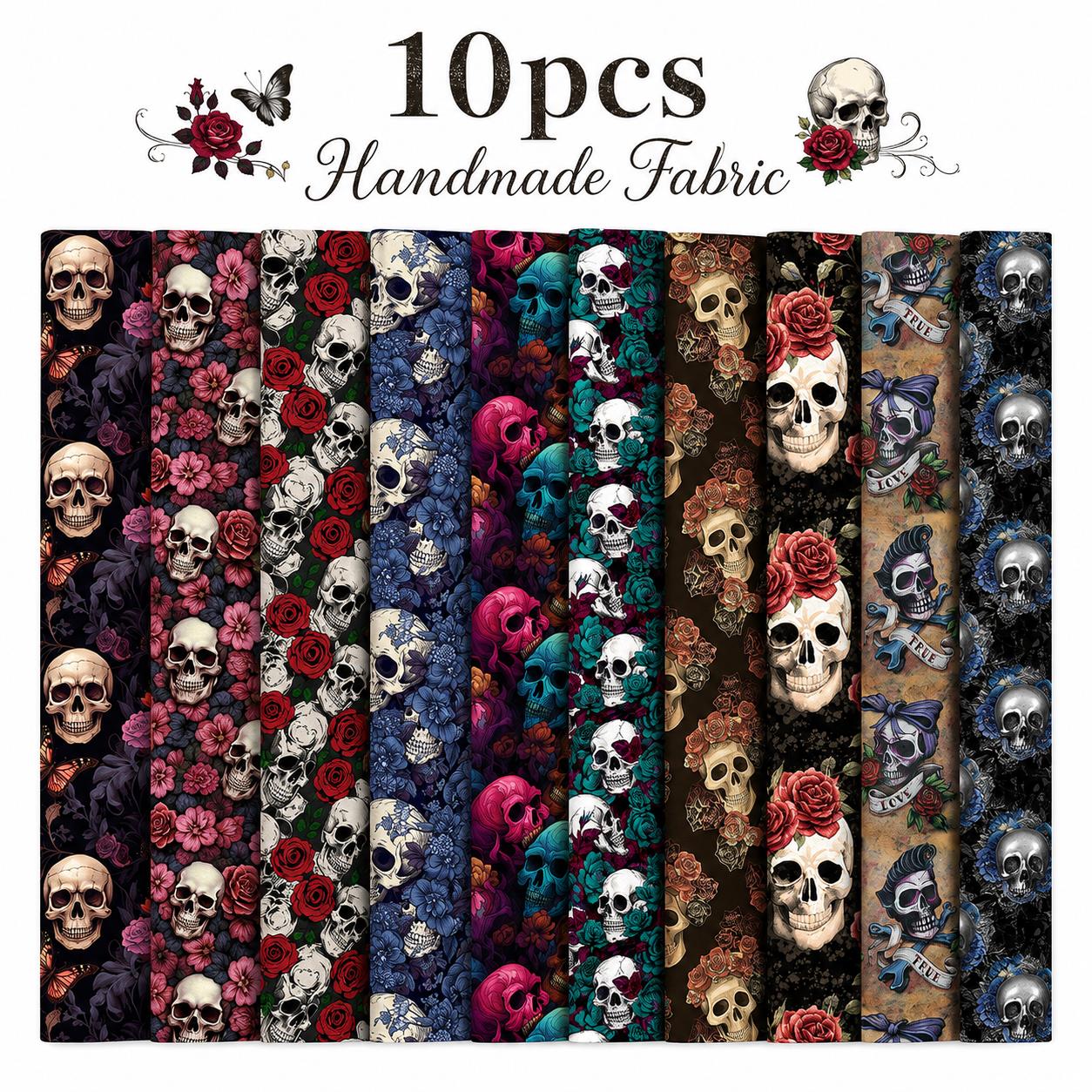 10pcs Skull Halloween Pattern Jelly Roll Fabric Strips 2.5X19.7inch Pre-cut 100% Polyester for Patchwork Quilts, Table Runners, Placemats, Tote Bags, Storage Pouches, Makeup Bags, Coasters, Quilt Blocks & Binding