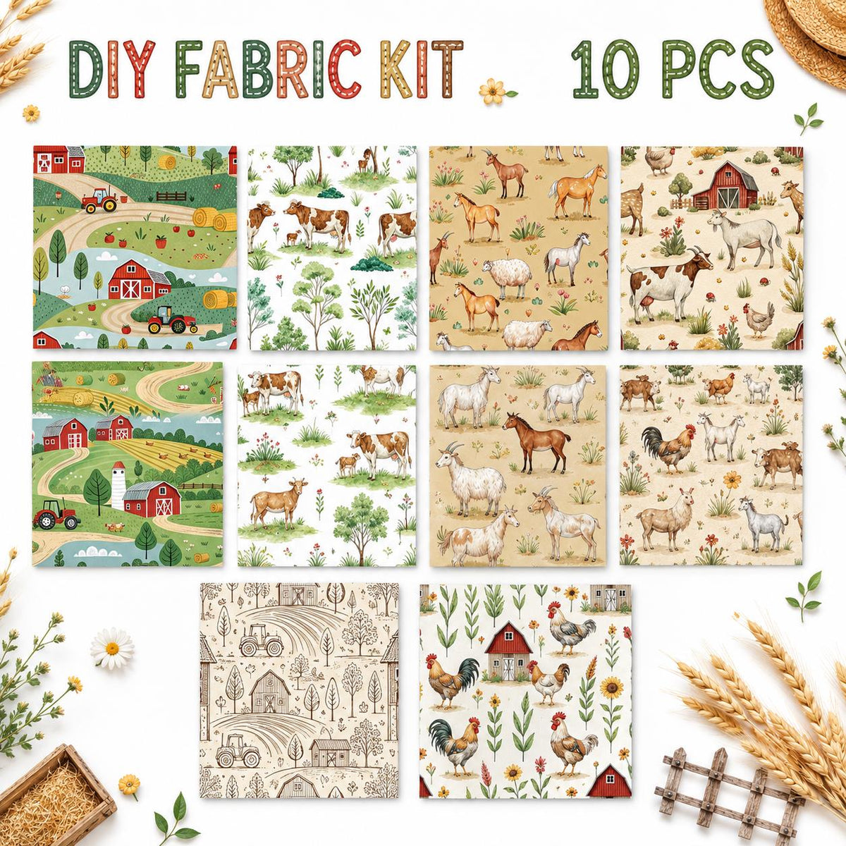10pcs Charm Pack Set Farm House Cow Pattern Vintage Style Handmade DIY with Rich Color and Texture Elements 100% Polyester Patchwork in 10 Design Styles Suitable for Patchwork DIY Craft Projects DIY Wallet Making Gift Giving Bag Making Mother's Day Gift
