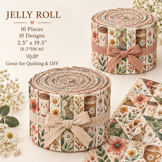 10pcs Vintage Floral Rabbit Pattern Jelly Roll Fabric Strips 2.5X19.7inch Pre-Cut 100% Polyester For Patchwork Quilts, Table Runners, Placemats, Tote Bags, Storage Pouches, Makeup Bags, Coasters, Quilt Blocks & Binding Mother'S Day Gift