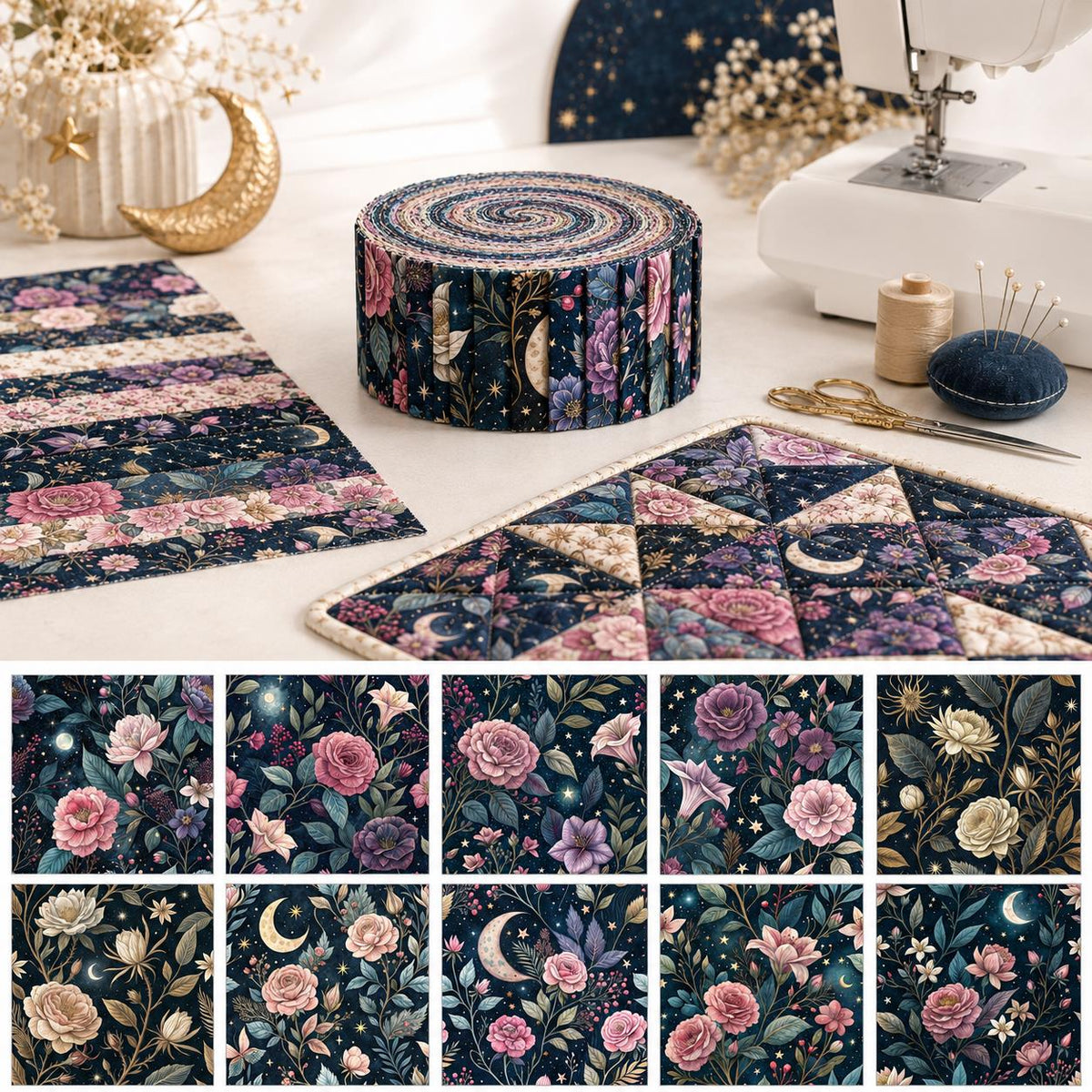 10pcs Vintage Floral Burgundy Moon Pattern Jelly Roll Fabric Strips 2.5X19.7inch Pre-Cut 100% Polyester For Patchwork Quilts, Table Runners, Placemats, Tote Bags, Storage Pouches, Makeup Bags, Coasters, Quilt Blocks & Binding