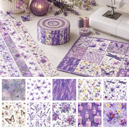 10pcs Vintage Butterfly Purple Pattern Jelly Roll Fabric Strips 2.5X19.7inch Pre-cut 100% Polyester for Patchwork Quilts, Table Runners, Placemats, Tote Bags, Storage Pouches, Makeup Bags, Coasters, Quilt Blocks & Binding