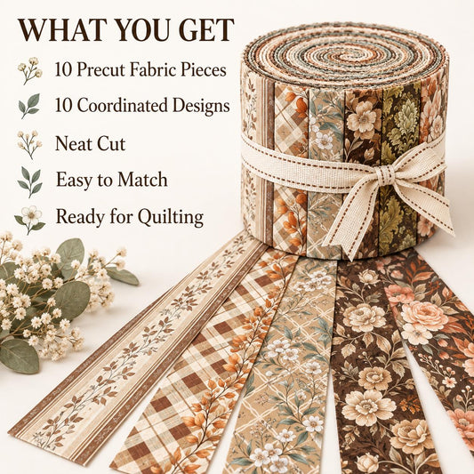 10pcs Vintage Brown Floral Theme Jelly Roll Fabric Strips 2.5X19.7inch Pre-Cut 100% Polyester For Patchwork Quilts, Table Runners, Placemats, Tote Bags, Storage Pouches, Makeup Bags, Coasters, Quilt Blocks & Binding