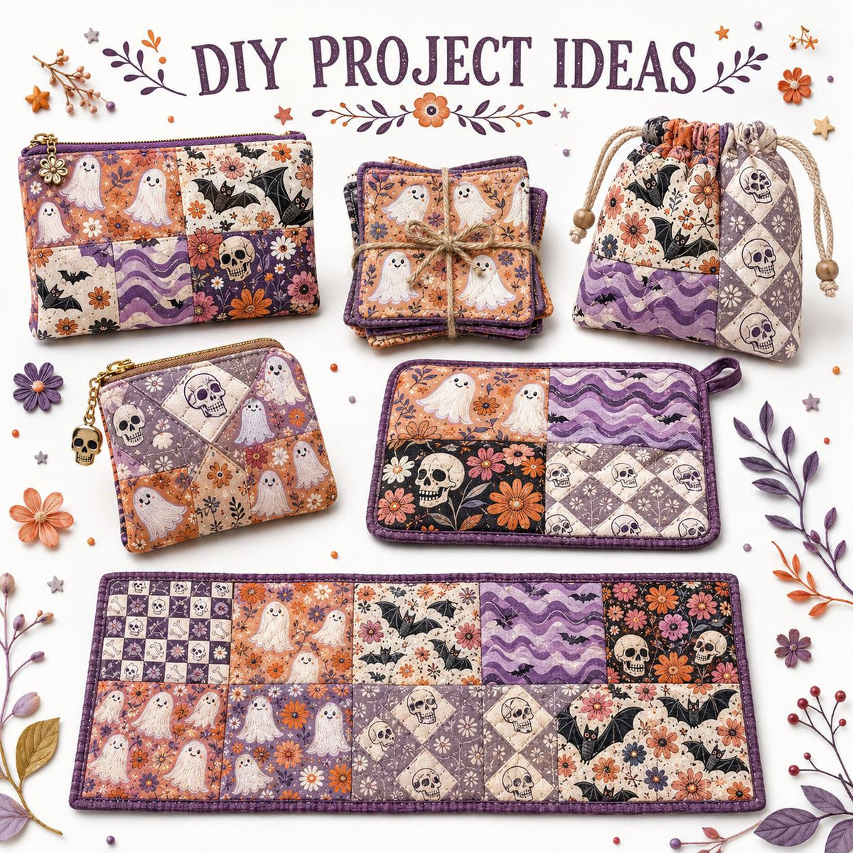 10Pc/Set Halloween Series Plaid Skull Flower Bones Bat Fat Quarter Fabric, Pre-Cut Square Fabric Assort, Fabric Set, Craft Fabric, Handmade DIY Patchwork Fabric,Home Quilting Sewing Fabric, Packaging Fabric, Scrapbooking Craft Hobbyist
