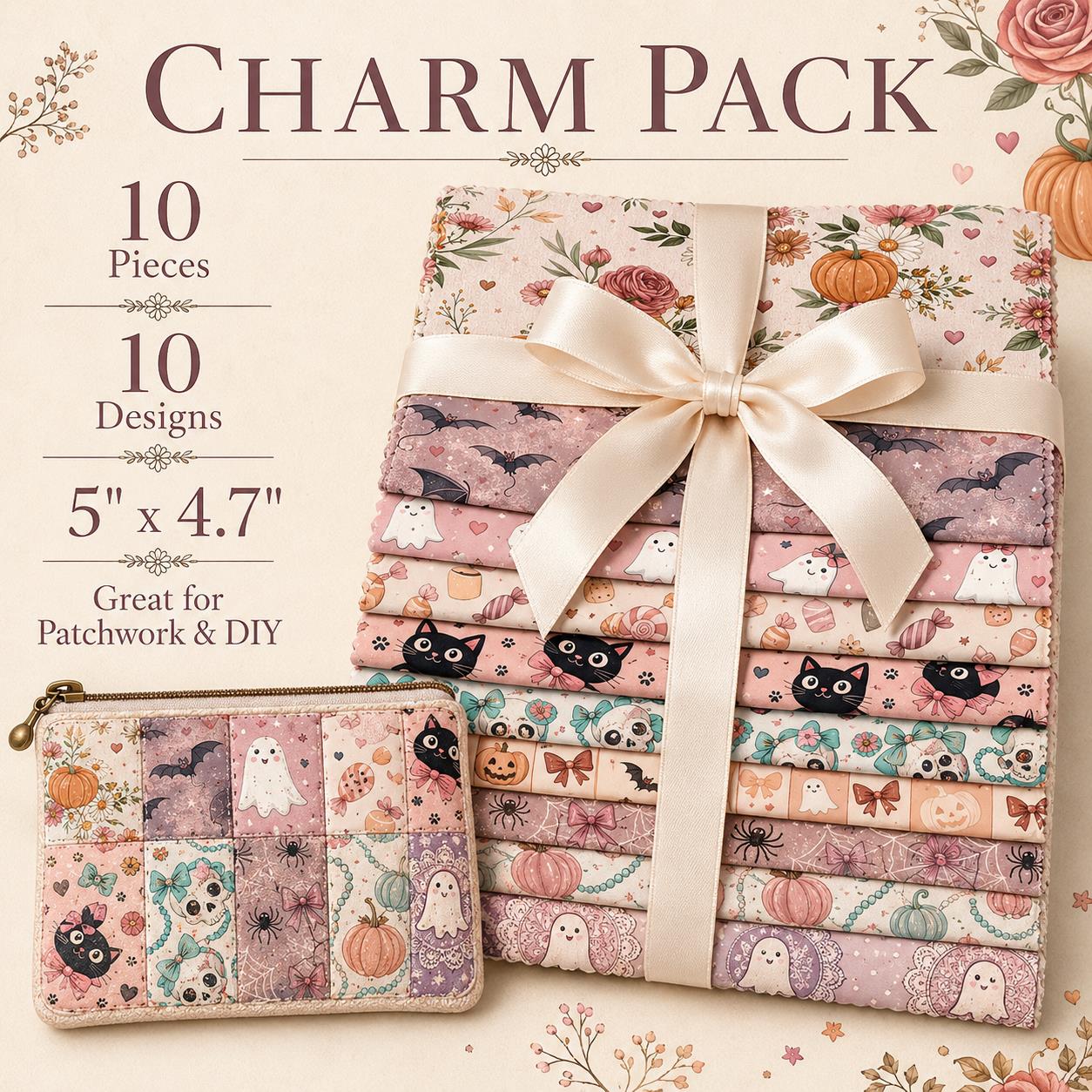 10pcs Charm Pack Set  Bat Ghost Halloween Vintage Style Pattern Handmade DIY with Rich Color and Texture Elements 100% Polyester Patchwork in 10 Design Styles Suitable for Patchwork DIY Craft Projects DIY Wallet Making Gift Giving Bag Making