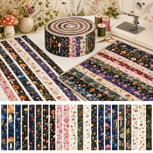 20pcs/set Vintage Mushroom Dark Pattern Jelly Roll Fabric Strips 2.5X19.7inch Pre-Cut 100% Polyester For Patchwork Quilts, Table Runners, Placemats, Tote Bags, Storage Pouches, Makeup Bags, Coasters, Quilt Blocks & Binding