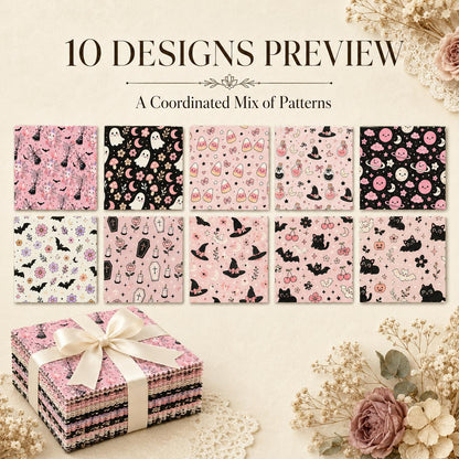 10Pc/Set Halloween Series Flower Bowknot Skull Pumpkin Cat Candy Cherry Mushroom Bat Rose Fat Quarter Fabric, Pre-Cut Square Fabric Assort, Fabric Set, Craft Fabric, Handmade DIY Patchwork Fabric,Home Quilting Sewing Fabric, Packaging Fabric, Scrapbooking