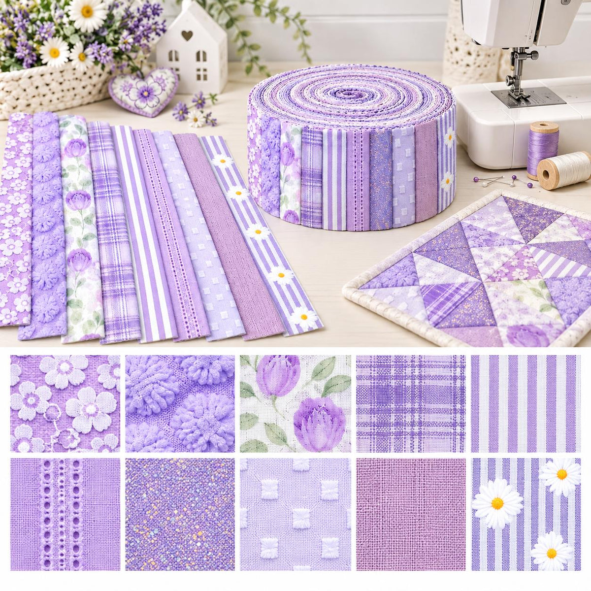 10pcs Vintage Floral Plaid Purple Pattern Jelly Roll Fabric Strips 2.5X19.7inch Pre-cut 100% Polyester for Patchwork Quilts, Table Runners, Placemats, Tote Bags, Storage Pouches, Makeup Bags, Coasters, Quilt Blocks & Binding Multi-color