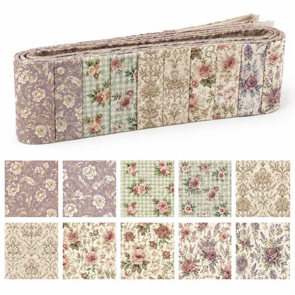 10pcs Vintage Floral Pattern Jelly Roll Fabric Strips 2.5X19.7inch Pre-Cut 100% Polyester For Patchwork Quilts, Table Runners, Placemats, Tote Bags, Storage Pouches, Makeup Bags, Coasters, Quilt Blocks & Binding